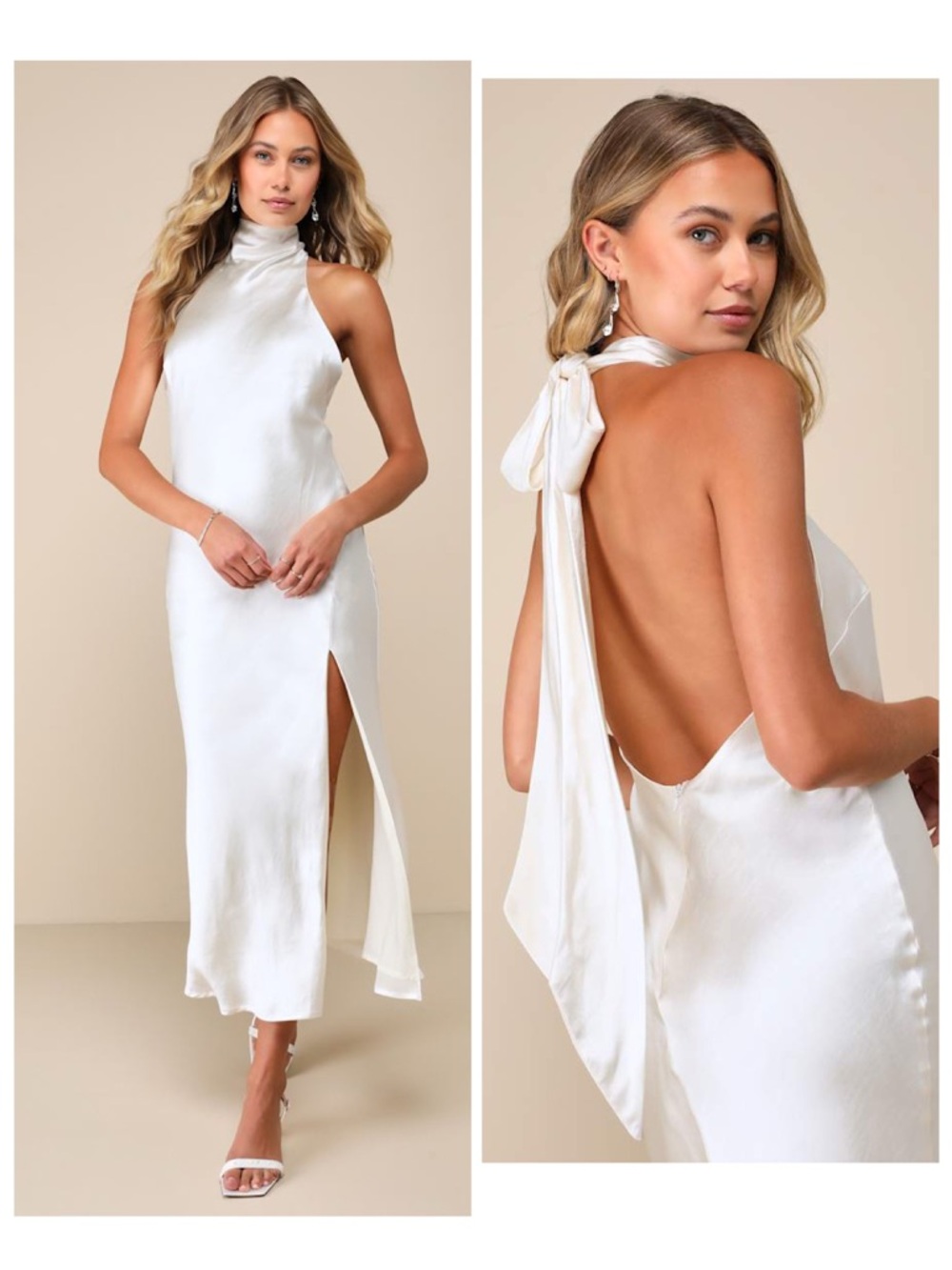 Lulus Exceptional Status Ivory Halter Backless Slip Midi Dress Size Small Bridal